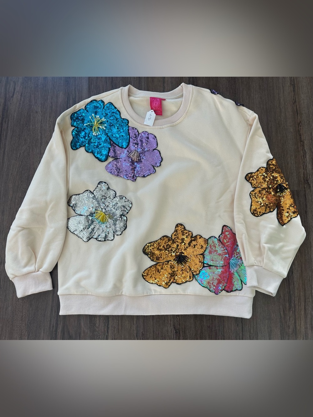 NWT Queen of Sparkles Beige Oversized Colorful Sequin Flower Sweatshirt. Size S